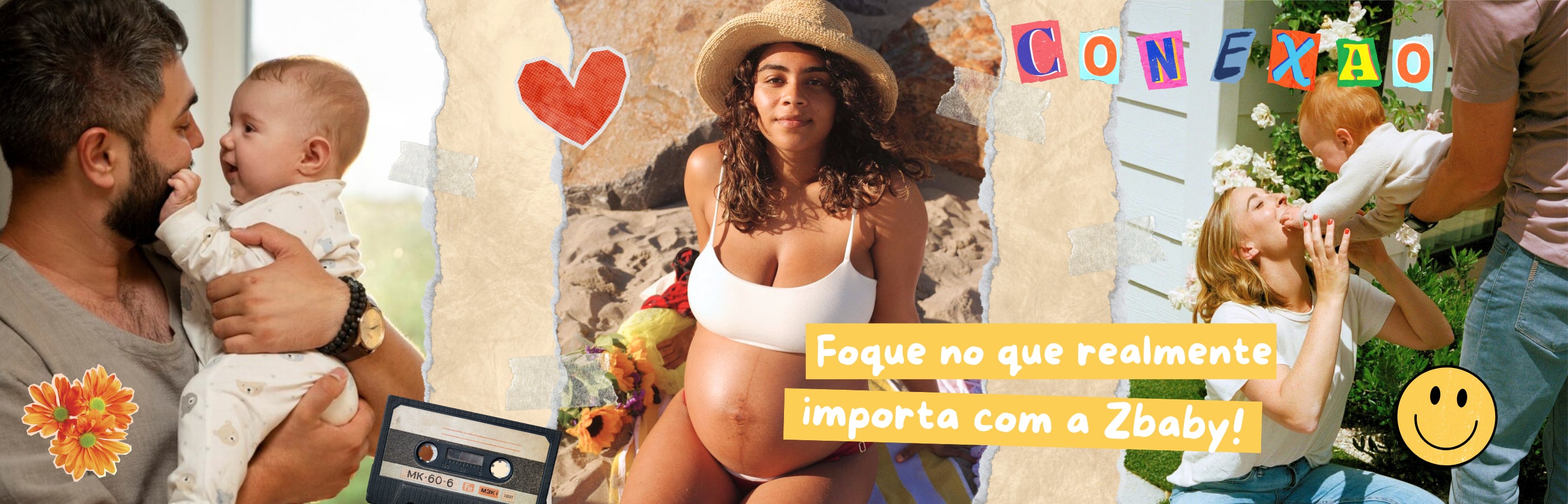 Banner da ZBaby destacando a conexão entre pais e filhos, com imagens de uma mãe grávida e uma família brincando, acompanhadas da frase 'Foque no que realmente importa com a ZBaby!