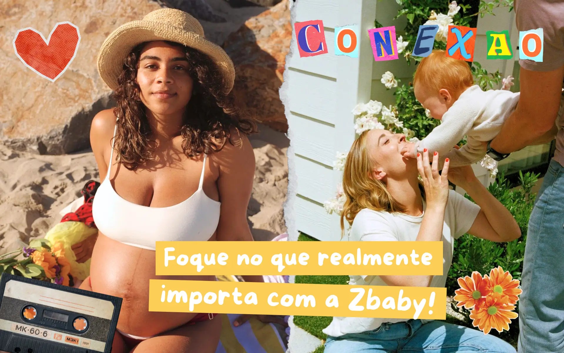 Imagem representando a conexão entre mães e filhos, com uma mulher grávida relaxando na praia e uma mãe brincando com seu bebê no jardim, destacando a mensagem 'Foque no que realmente importa com a zBaby!