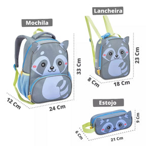 Kit Mochila Infantil Guaxinim com Lancheira e Estojo Escolar - ZBaby