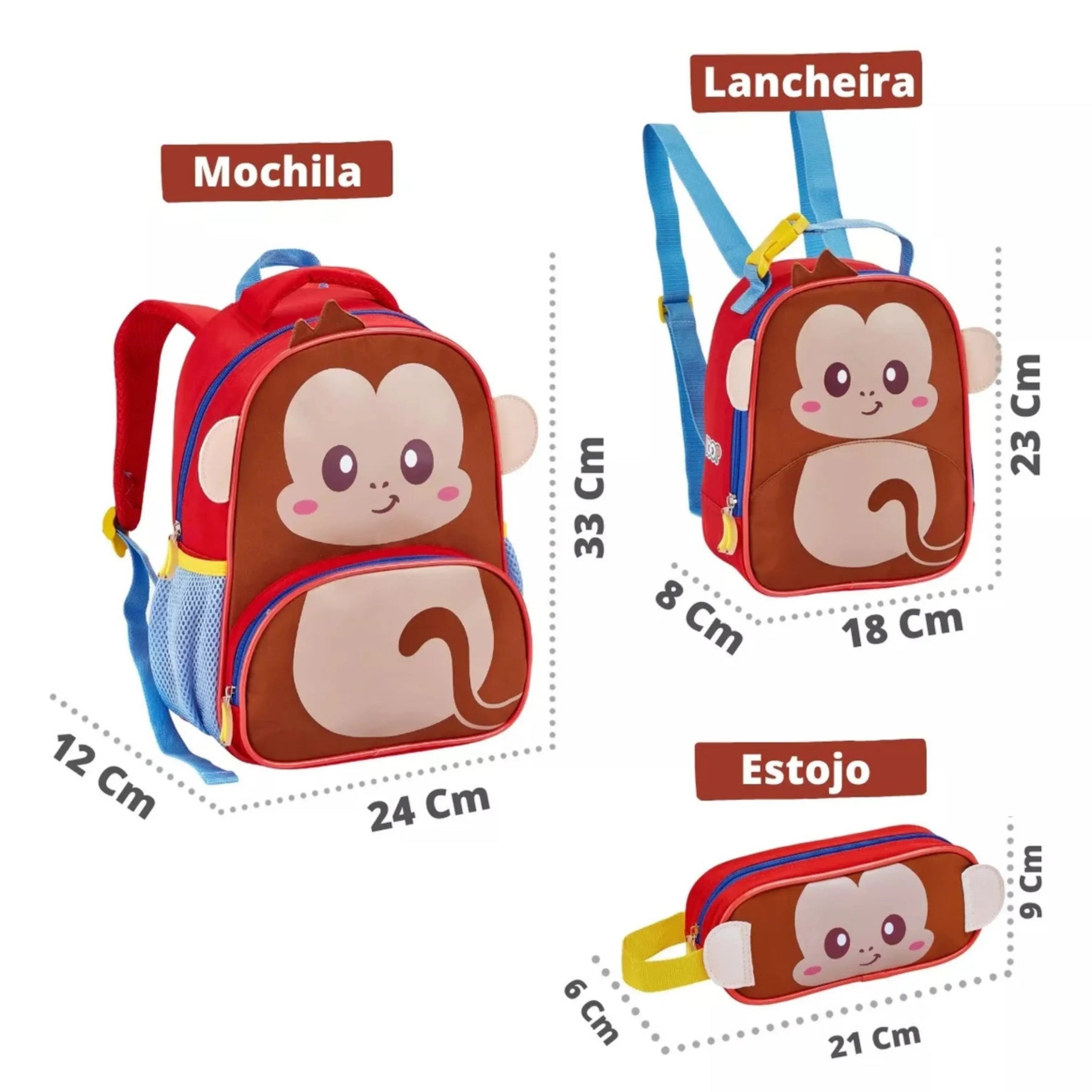 Kit Mochila Infantil Macaco com Lancheira e Estojo Escolar - ZBaby