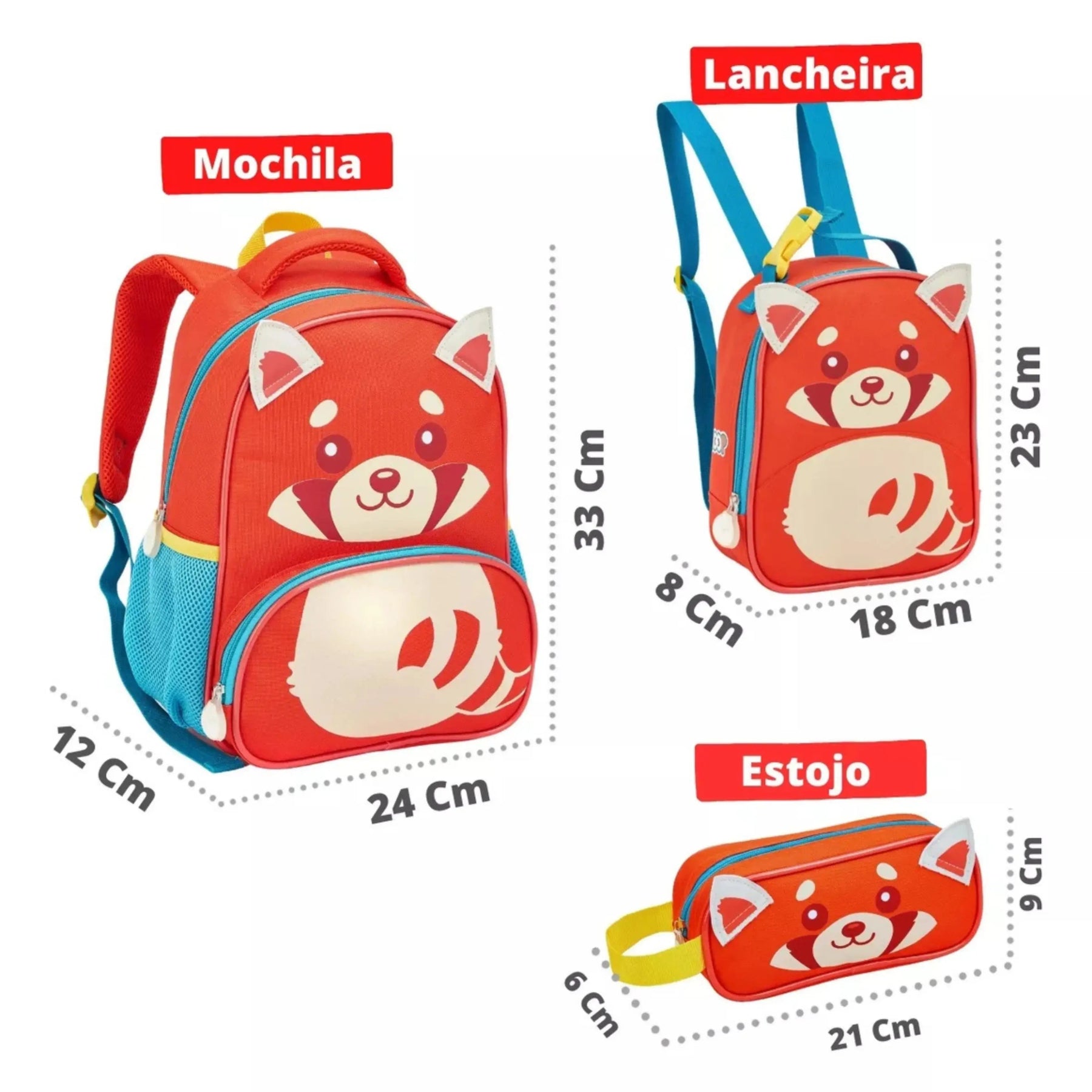 Kit Mochila Infantil Panda Vermelho com Lancheira e Estojo Escolar - ZBaby